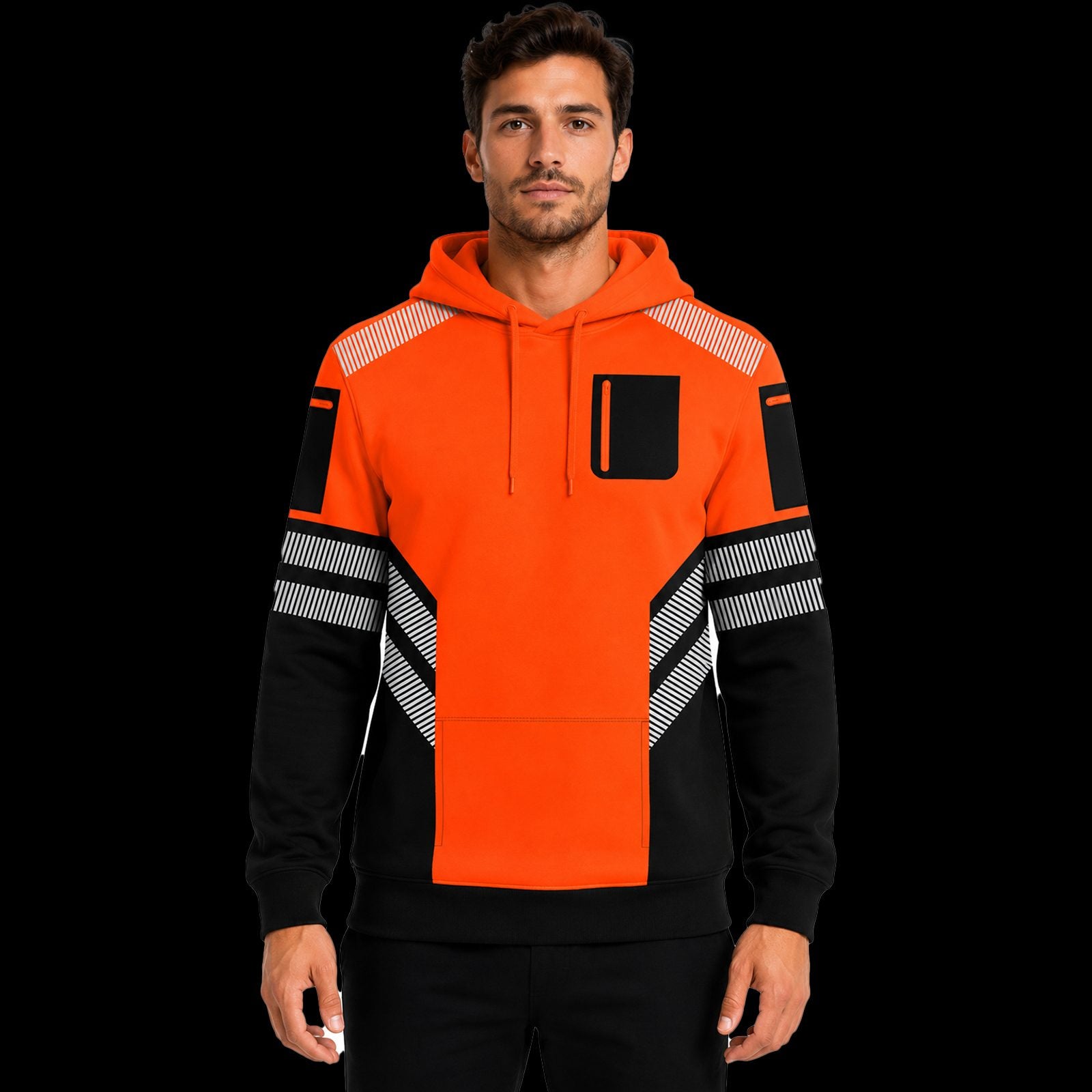 Mens Hi-Vis Hoodie with Reflective Tape - Orange/Black - front view