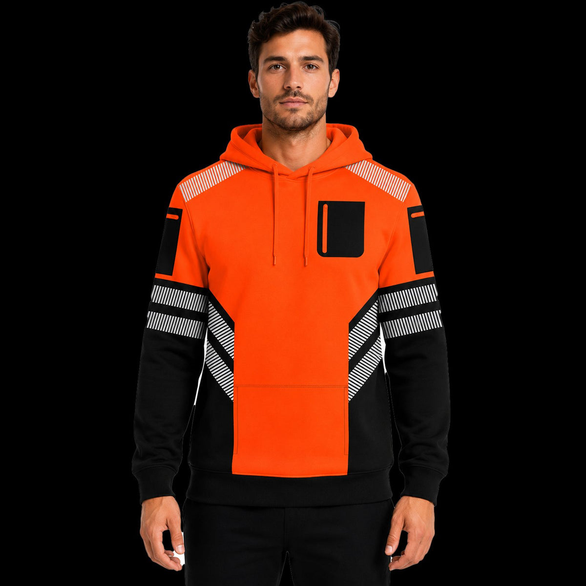 Mens Hi-Vis Hoodie with Reflective Tape - Orange/Black - front view