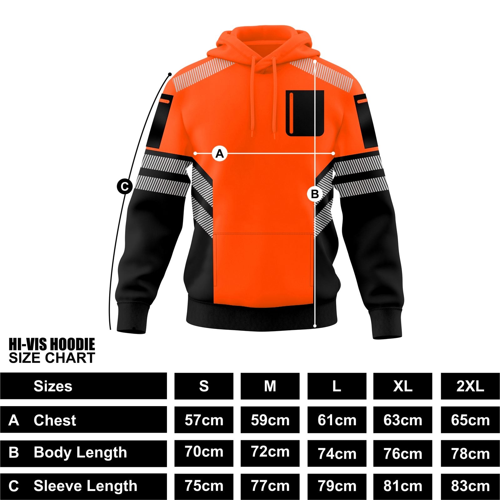 Mens Hi-Vis Hoodie with Reflective Tape - Orange/Black - fabric detail