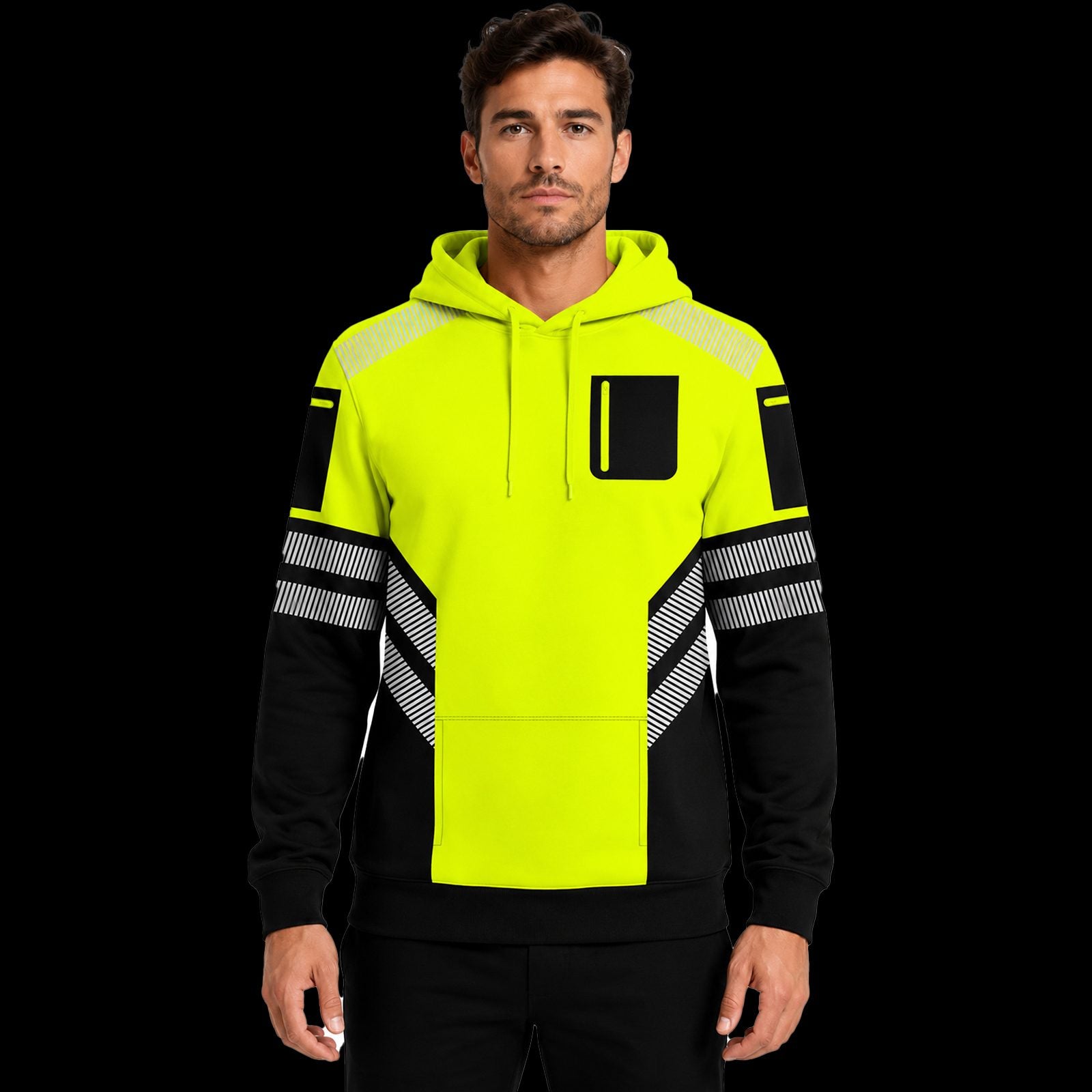 Mens Hi-Vis Hoodie with Reflective Tape - Yellow/Black - front view