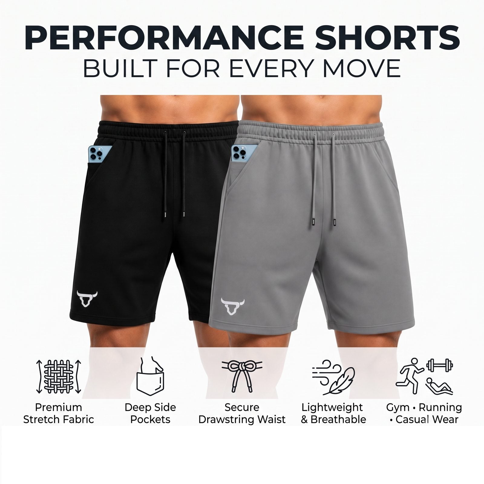 Toro Activa - Men's Running Shorts Pack of 2 - Black & Grey TORO ACTIVA