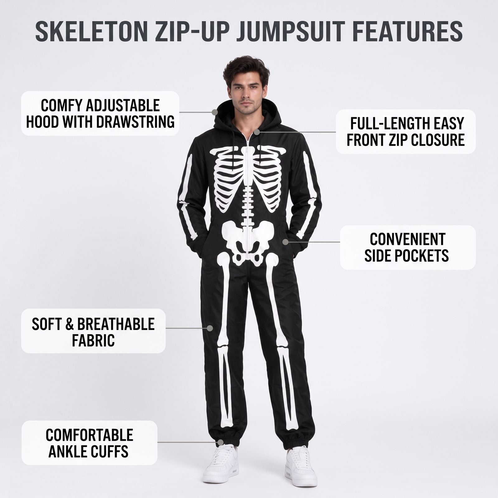Toro Activa Mens Skeleton Print Zip Up Onesie - Black - skeleton print detail