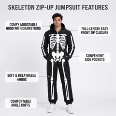 Toro Activa Mens Skeleton Print Zip Up Onesie - Black - skeleton print detail