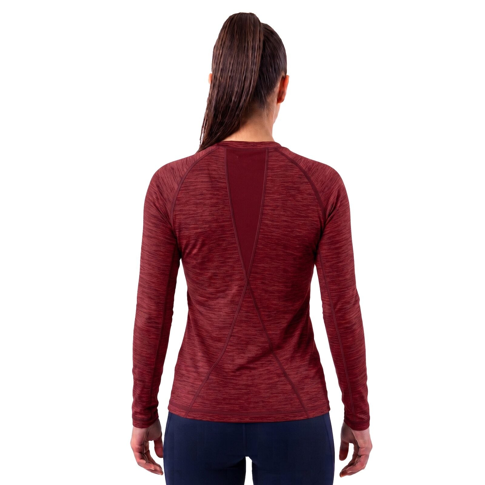 Woman wearing Toro Activa red melange long sleeve active t-shirt, side view
