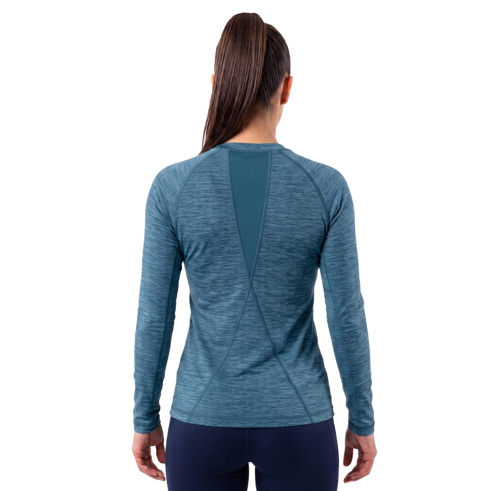 Woman wearing Toro Activa teal melange long sleeve active t-shirt, front view