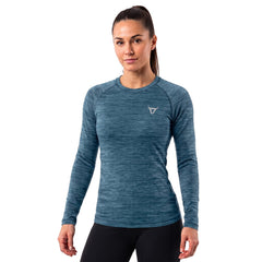Woman wearing Toro Activa teal melange long sleeve active t-shirt, side view